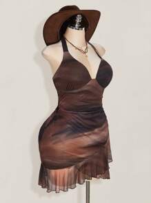 SHEIN ICON 加大码 Y2K 露背领带，荷叶边饰边，性感复古渐变色网眼吊带裙，非常适合度假和夏季 - 彩色 - 查看 5