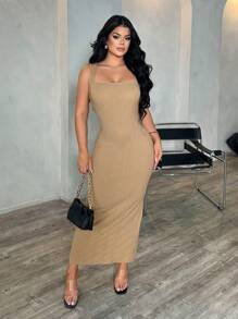 SHEIN SXY 女士米色优雅简约方领修身长裙，适合办公室、通勤、正式场合的职业装 - 卡其色 - 查看 4