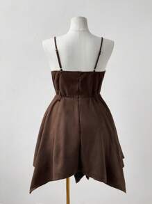 Flirla 大码女式棕色绒面不对称下摆吊带连衣裙