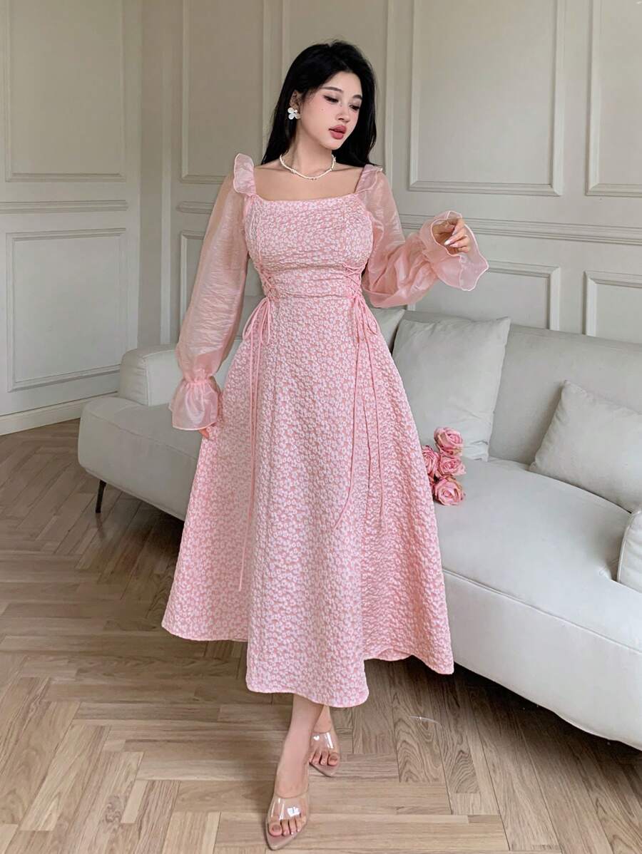 Feyla Vestido largo de noche de manga larga con cuello cuadrado, ruedo con volantes y unicolor para mujeres