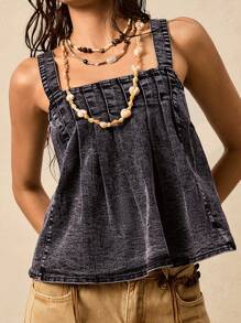 Easelle Vintage Casual Discounted Black Denim Blouse Top For Women - Black - View 1