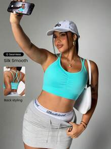 Rhythm Era Plus Size Women Plain Simple Seamless Sports Racerback Bra - Mint Blue - View 1