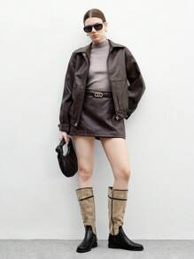 CUCCOO BIZCHIC 女士黑色撞色拼接厚底过膝长靴，侧拉链开合，及膝长靴，舒适百搭，平底女式高筒靴 - 卡其色 - 查看 10