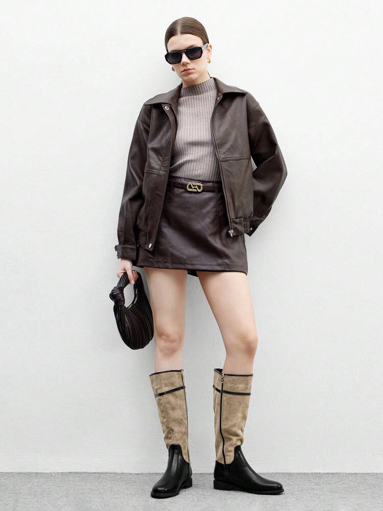 CUCCOO BIZCHIC Black Contrast Patchwork Platform Thigh-High Boots For Women, Side Zipper Closure, Knee-High Long Boots, Comfortable, Versatile, Flat Bottom Women Tall Boots