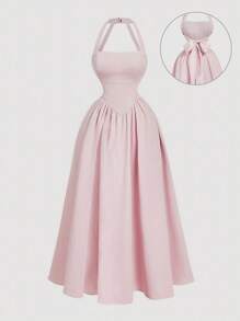 SHEIN MOD 方领露背蝴蝶结腰喇叭下摆浅粉色连衣裙 - 粉色 - 查看 1