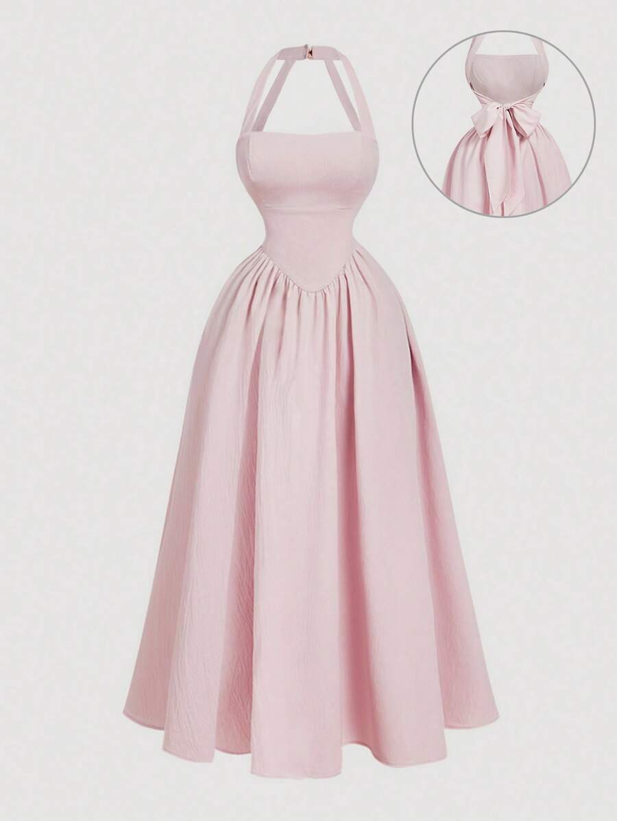 SHEIN MOD 方领露背蝴蝶结腰喇叭下摆浅粉色连衣裙 - 粉色 - 查看 1