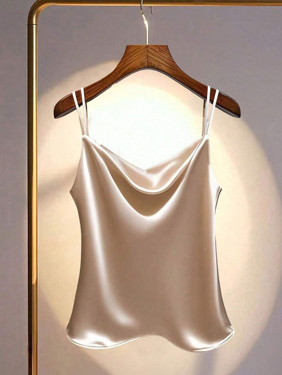 SHEIN EMERY ROSE CURVE 大码女式缎面纯色宽松无袖上衣 - 杏色 - 查看 1