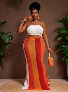 Veslaya 欧美风性感露脐针织衫搭配撞色罗纹修身长裙两件套，夏季长裙套装，条纹裙套装，度假装，女士裙装套装，曲线裙套装 - 彩色 - 查看 7