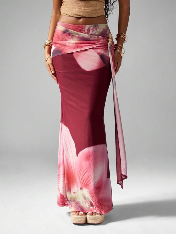 MISSGUIDED Gonna lunga da spiaggia o vacanza, stile avvolgente, fantasia floreale in maglia, motivo orchidea, adatta per eventi estivi, feste, stile boho