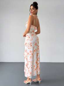 Firerie 女士花卉印花荷叶边吊带连衣裙、不对称荷叶边连衣裙、长款吊带连衣裙、粉色花卉连衣裙，适合情人节、音乐会、表演、约会、派对、婚礼、性感、优雅、通勤、返校、度假、海滩、浪漫 - 棕色 - 查看 6