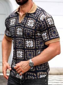 Manfinity Homme 男式拼色领插肩短袖休闲 Polo 衫，夏季 - 棕色 - 查看 5