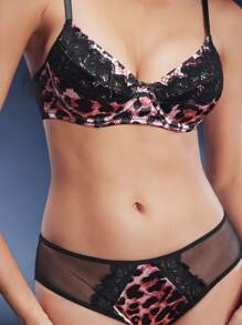 SHEIN 2 件性感狂野豹纹聚拢 3/4 罩杯钢圈花卉蕾丝高腰内裤女士内衣套装，日常穿着 - 棕色 - 查看 6