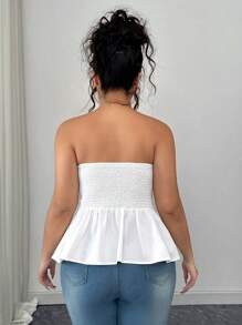 Elenzga Plus Size Women Strapless Textured Knitted Tube Peplum Top, Back Drawstring Design, Fashionable Casual Sexy Blouse, Suitable For Spring Summer Wear