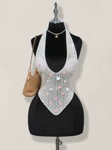 SHEIN ICON Débardeur décolleté ras-du-cou sexy à perles sans dos pour l'été - Blanc - Voir 6