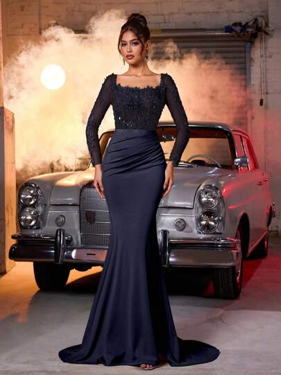 Glamrae Elegant lyxig sjöjungfrukjol med pärlor och strass, elastisk och rynkad, lämplig för bröllop, fest, dejt, bal, formellt tillfälle (kraftig utsmyckning), för alla hjärtans dag