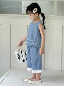 Dazy Kids Bộ đồ denim thời trang cho bé gái - Rửa trung bình - Xem 7