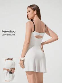 GLOWMODE Quick-Dry Weekend Enthusiast Adjustable Spaghetti Strap Cutout Back Contrast Color Active Dress Low Impact Tennis Golf Pickleball Daily Casual Wear - White - View 1