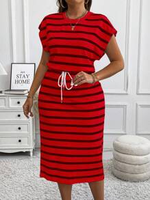 Vionelle فستان كاجوال بقصة ضيقة وأكمام قصيرة وطويل الأكمام مع خط إند قصير مميز للخريف والشتاء، ملائم للمقاسات الكبيرة من النساء - الأحمر - مشاهدة 3