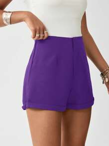 SHEIN LUNE Solid Roll Up Hem Shorts - Purple - View 6