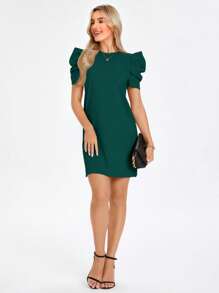SHEIN LUNE Solid Puff Sleeve Keyhole Back Dress