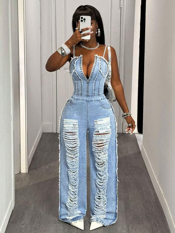 BamGleam Pantaloni și salopetă sexy din denim cu bretele pentru femei, pentru ieșiri în oraș și petreceri