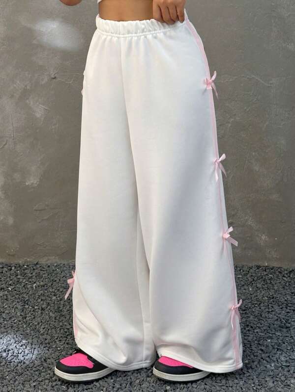 SHEIN Girls Bowknot Decor Sweatpants, Girl Bow Pants, Clothes For Girls Pants