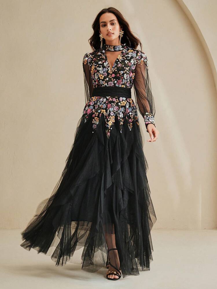 Robe élégante et colorée brodée pour femme, robe de soirée longue plissée à manches longues en tulle pour invitée de mariage, fête, festival, vacances
