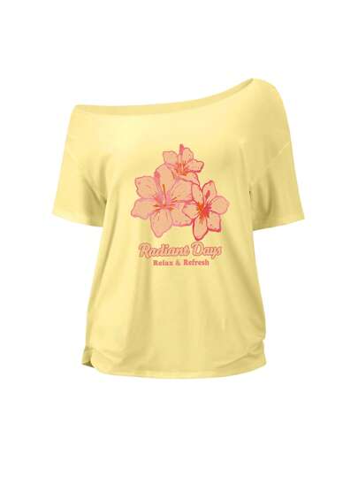 Sweetra Women Summer Loose T-Shirt, Asymmetrical Neck Y2K Hibiscus Flower Print Yellow Short Sleeve Tee, Plus Size Oversized Top