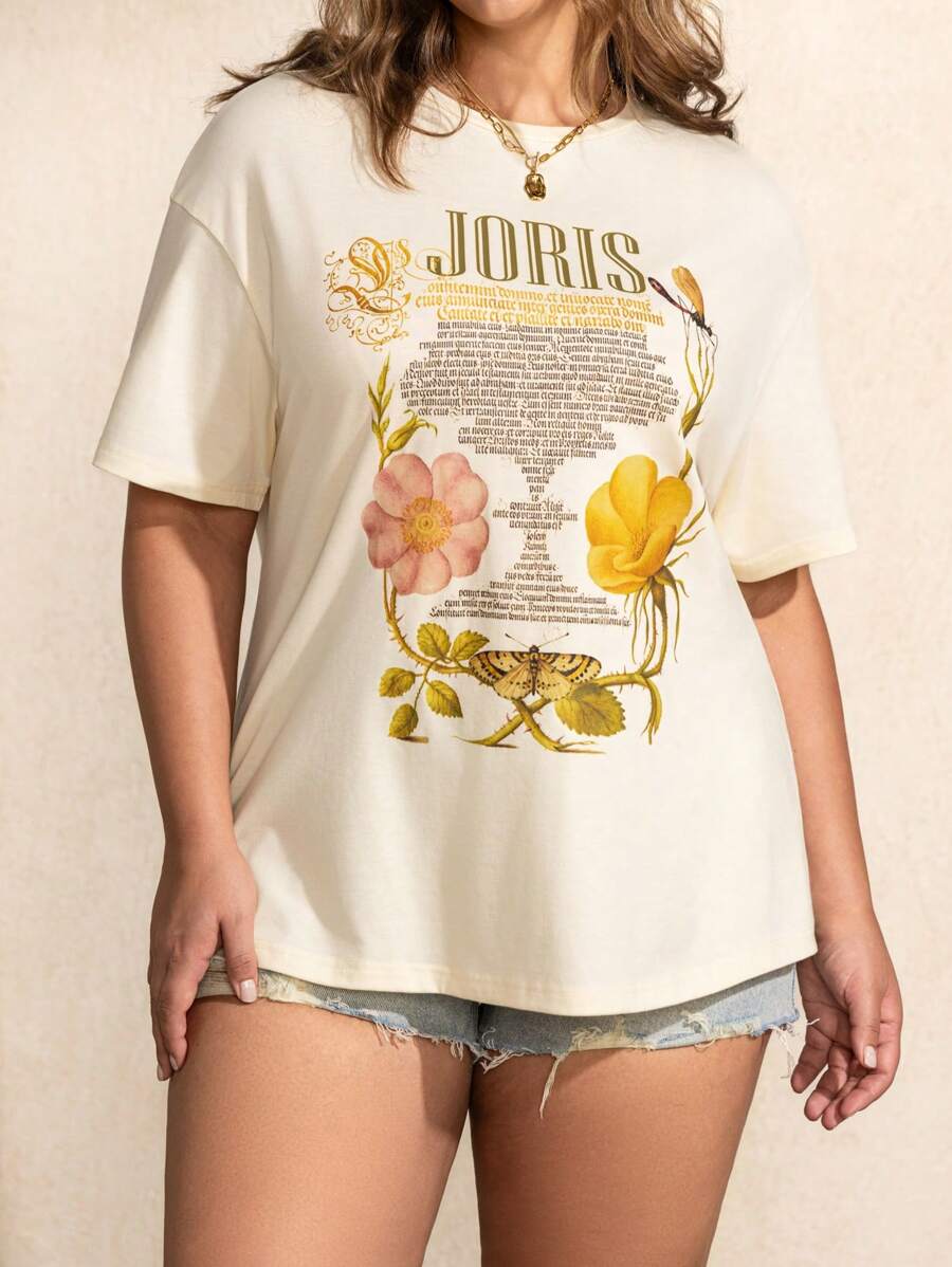 SHEIN Touch of Art 大码花卉字母图案休闲圆领短袖T恤 - 杏色 - 查看 1