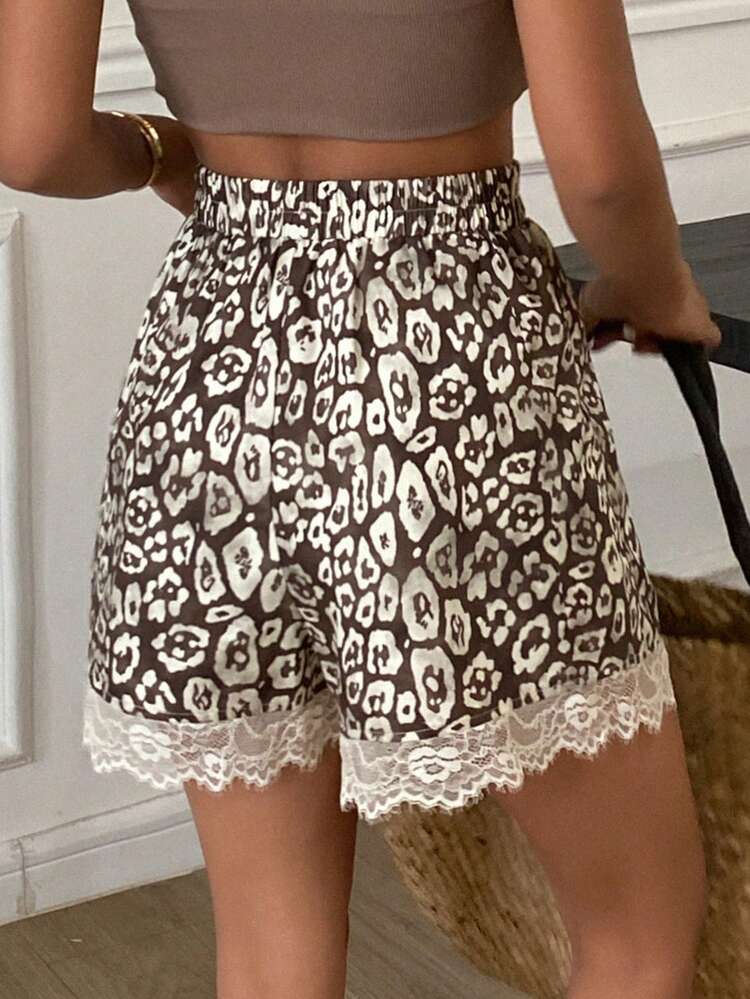Women's Contrast Lace Leopard Print Elastic Waist Straight Leg Casual Vacation Shorts, Summer