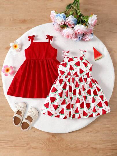 Nuevo conjunto de 2 piezas para niña en verano: Vestido rojo con volantes y lazo + Vestido blanco con estampado de sandía, Vestido de cintura alta con manga abullonada, Vestido de princesa dulce, Vestido casual para fiestas, Diseño de volantes con estampado de frutas lindo para niñas de 1 a 3 años, Conjunto fresco para sesión de fotos de vacaciones de verano