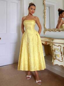 Glamine Charm 优雅复古3D压花花卉图案女式无袖喇叭裙 - 黃色 - 查看 3