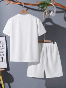 SHEIN Vintaside Kids Conjunto de camisetas casuales holgadas de tela con textura de gofre, cómodas, adecuado para uso casual diario, para adolescentes y hombres jóvenes