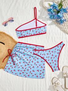 女士新款时尚度假可爱樱桃色拼色蝴蝶结比基尼套装 - 彩色 - 查看 2