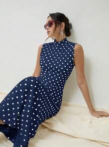 COSMINA 优雅女士春秋波尔卡圆点印花立领无袖鱼尾长款复古风格优雅连衣裙