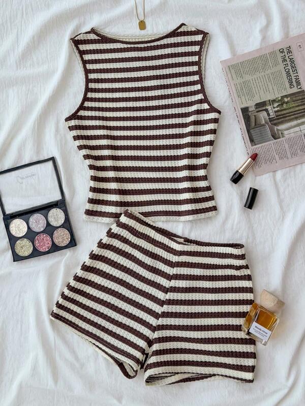 2 Stücke Set für Teenager-Mädchen, gestreiftes Cami Top mit Rundhalsausschnitt und Shorts, lässiges Set; Farbblock-Badeanzug mit asymmetrischem Ausschnitt, einfacher, alltäglicher einteiliger Badeanzug, für Sommerferien, Urlaub, Freizeit, Zuhause