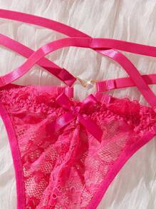 SHEIN Set de lenjerie intimă sexy cu 2 bucăți, model gene inimă, fără armatură, push-up - Roz fierbinte - Vizualizare 3