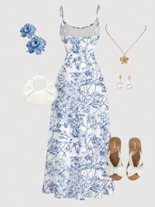 Girlism Rochie maxi Tenn Gir's albastră, cu imprimeu floral, fără mâneci, și talie lejeră, ținută casual de vară pentru vacanță, ținută pentru întoarcerea la școală, drăguță pentru picnic de primăvară în aer liber în familie, ținută de zi cu zi, potrivită pentru diverse ocazii precum vacanțe, festivaluri de muzică, stil boho, întâlniri de sărbători, ceai de după-amiază