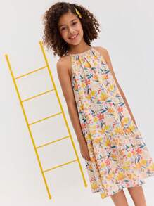 SHEIN Tween Girl Relaxed Casual Floral Print Midi Sleeveless Dress, Comfortable & Minimal - Yellow - View 5