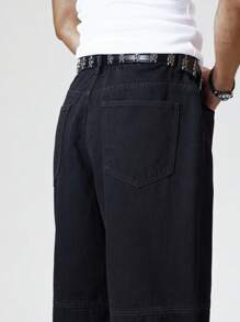 Chillumni Men's Solid Color Loose Utility Cargo Style Casual Baggy Jeans, Summer - Black - View 8