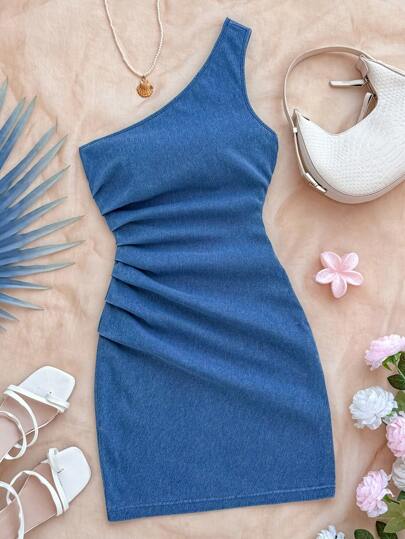 Soleia Vestido de mezclilla casual de un solo hombro sin mangas para mujer, verano