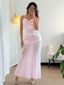 Chiquease Women's Elegant Satin & Chiffon Patchwork Bowknot Dress