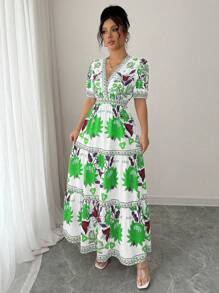 Elenzga 女式V领花卉印花泡泡袖连衣裙，度假风格 - 彩色 - 查看 3