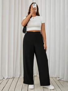 SHEIN Tall CURVE بنطلون فضفاض بلون أحادي للمقاسات الكبيرة، معلم - الأسود - مشاهدة 7