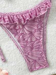 Soleia New Pink Textured Fabric Ruffle Trim Bikini Set, Vacation Style - Pink - View 5