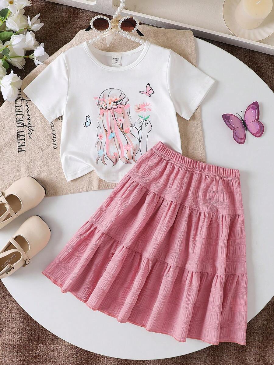 SHEIN Playful Pals 2pcs/Set Young GirlLovely Floral Dress And Girl Back Design Skirt Sets For Girls Clothes - Pink - View 1