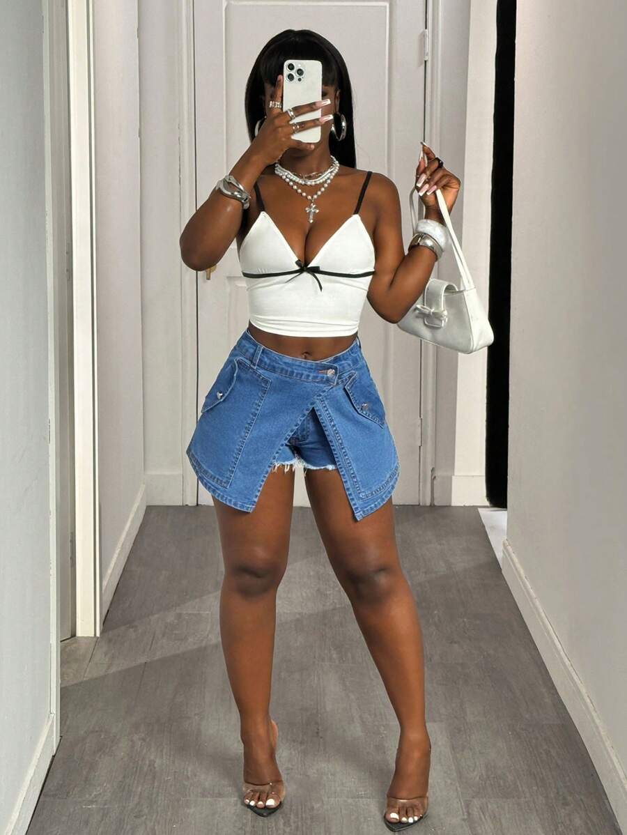 BamGleam Jupe-short en jean fendue sexy pour femmes, pour sortir et faire la fête