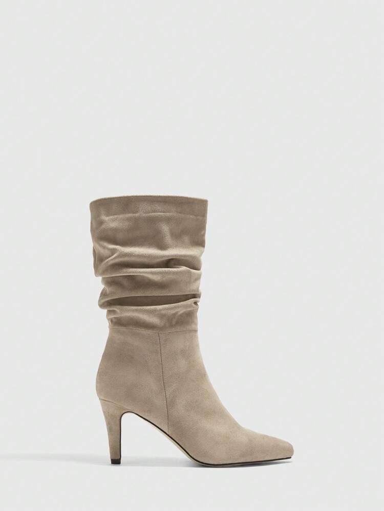 CUCCOO BIZCHIC Pointed Toe Kitten Heel Khaki Fashionable Slip-On Pleated Suede Mid-Calf Boots For Women For Christmas Spring Shoes