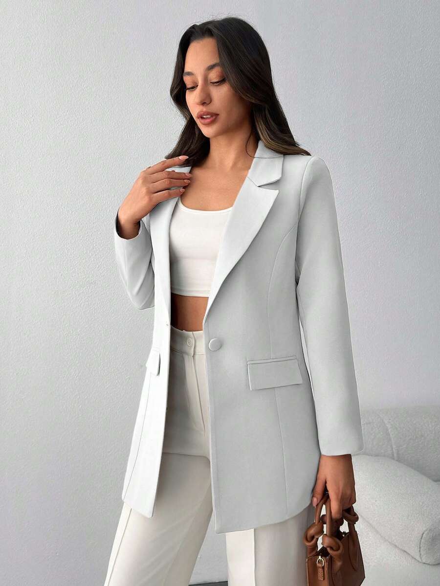 EURMUSE LAPEL COLLAR BODY POCKET FABRIC BUTTON BLAZER - White - View 1