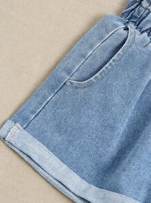 Breezaya 女士纯色简约休闲牛仔短裤 - 淺色水洗藍 - 查看 4
